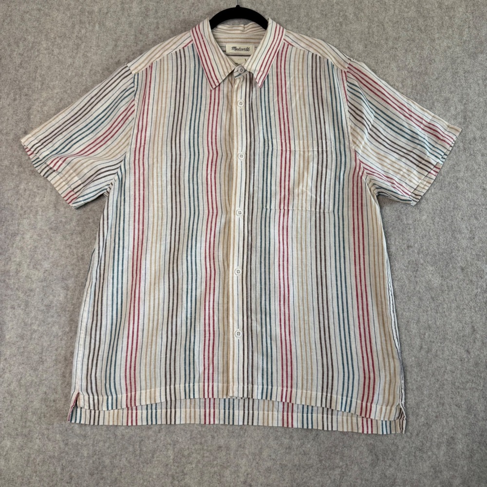 Madewell Easy Fit Short Sleeve Shirt Mens M Multi Stripe Linen Blend